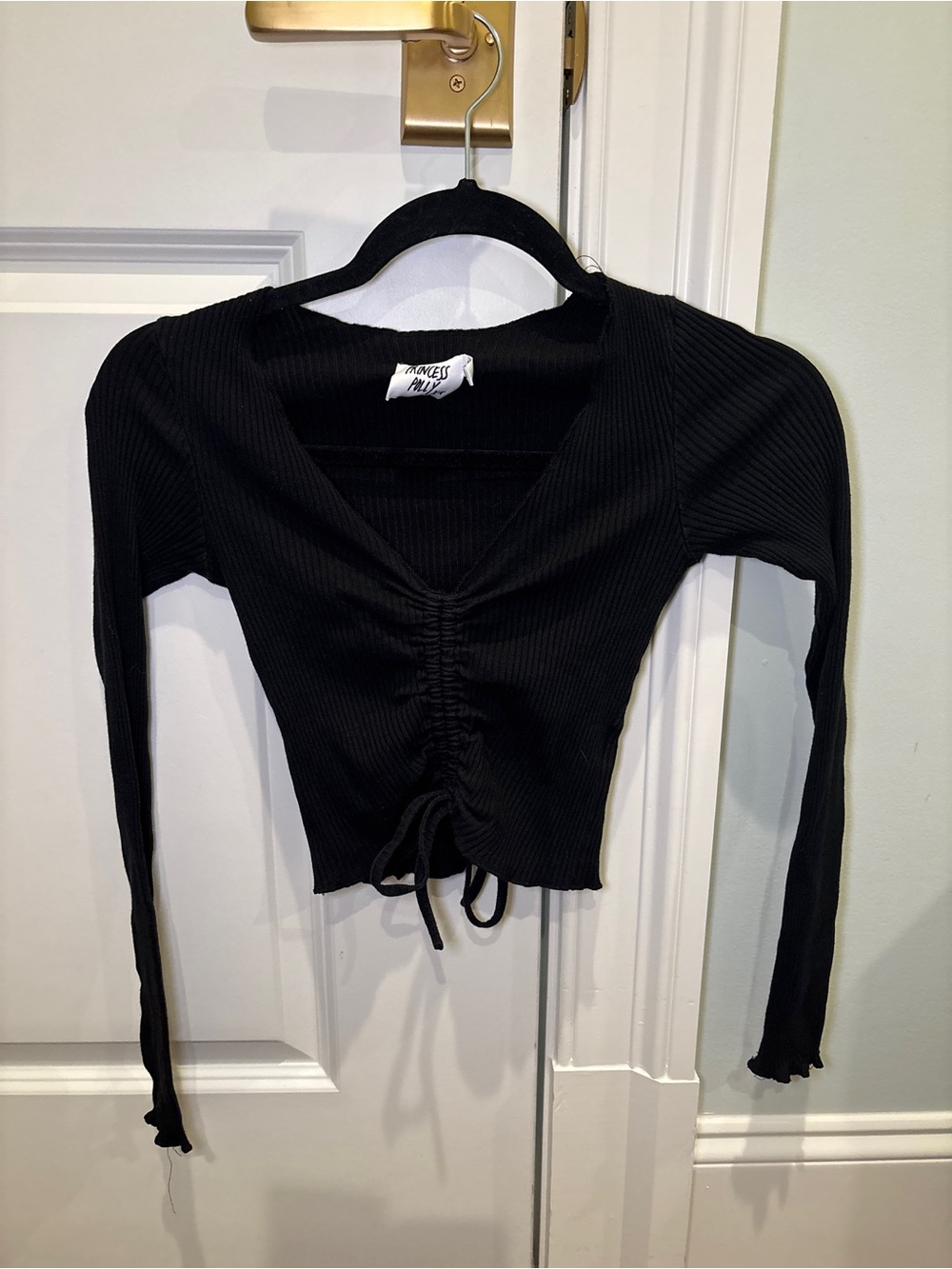 Princess Polly Women’s Black Ruched Front Long Sleeve Crop Top